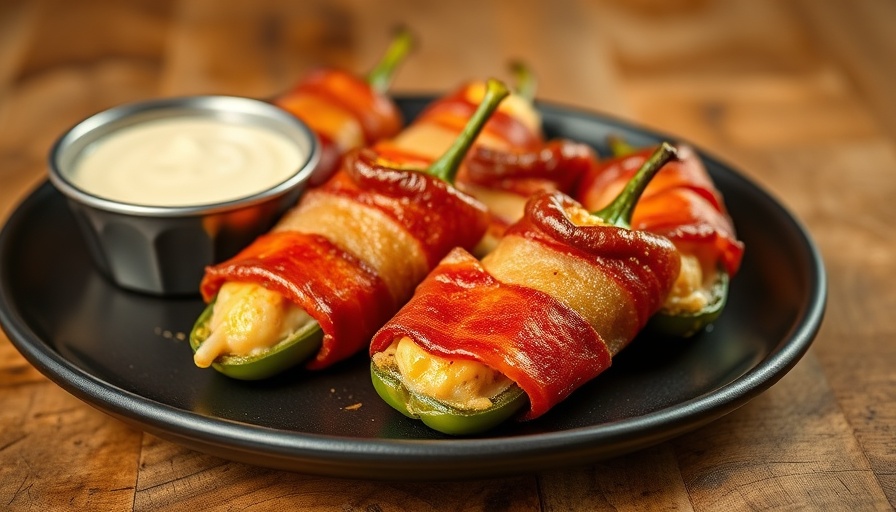 Bacon wrapped jalapeno poppers with dipping sauce on a plate