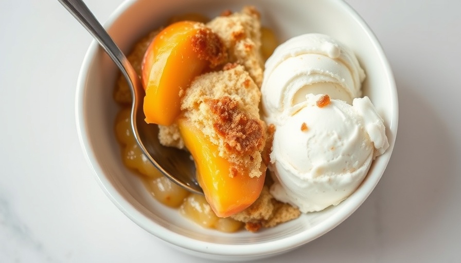 3-ingredient peach cobbler with ice cream in a bowl.