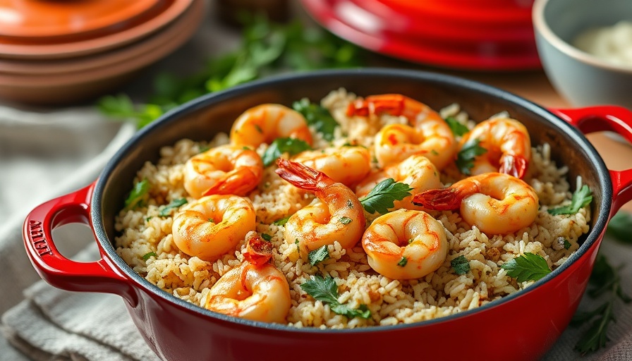 One-pan rice recipes: Shrimp rice in a red pot with herbs.