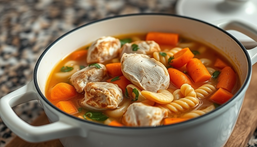 Rotisserie chicken soup recipe with carrots and pasta in a pot.