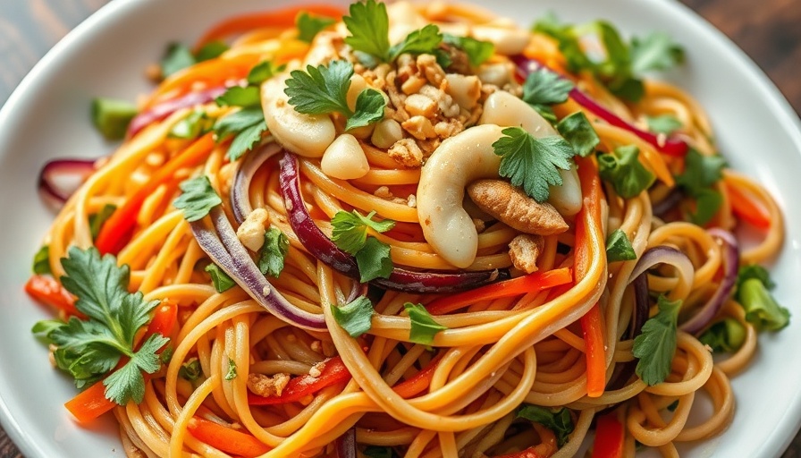 Delicious sesame ginger noodle salad with fresh herbs and nuts.