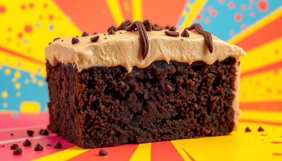 Moist chocolate cake slice with creamy frosting and smiling woman pop art style.