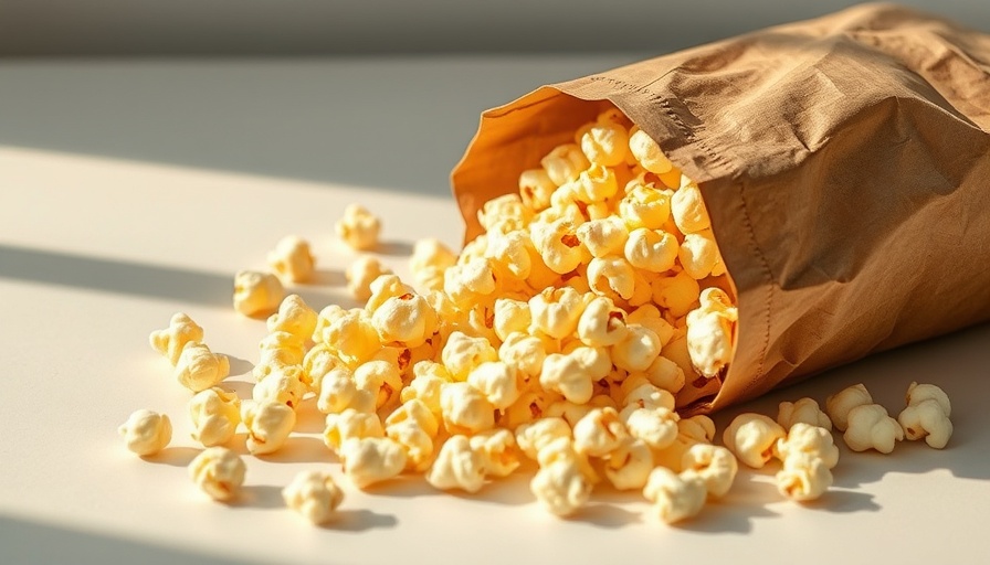 Warm popcorn spilling from a brown bag in soft sunlight.