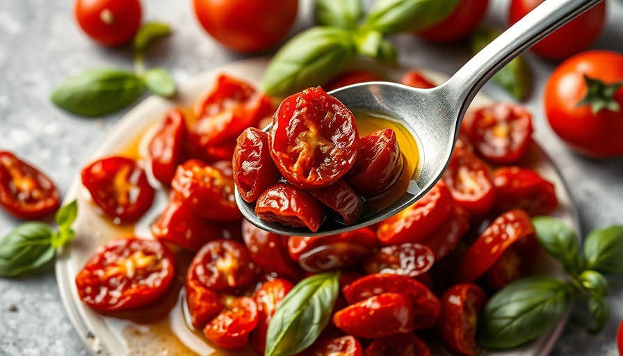 Homemade sun-dried tomatoes in oil with fresh basil.
