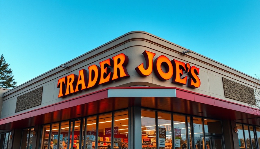 Trader Joe's store sign against blue sky.