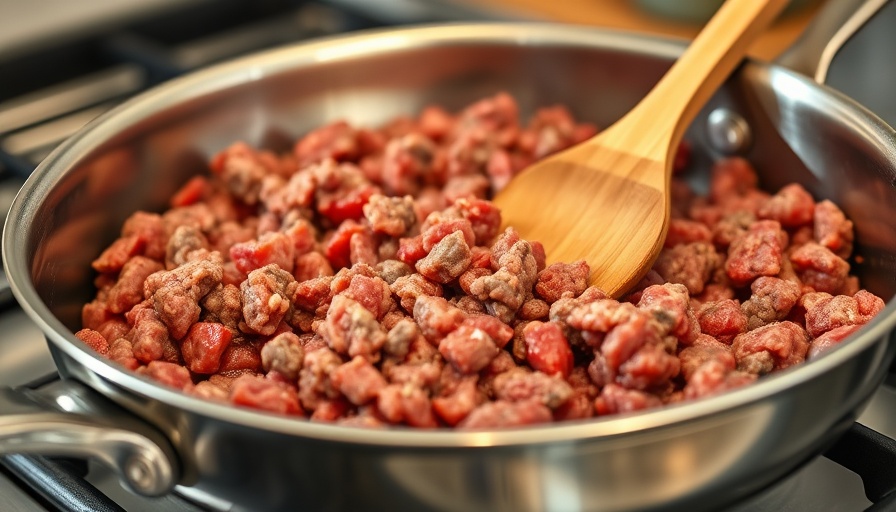 Raw ground beef with gray and red colors in a pan, being cooked.