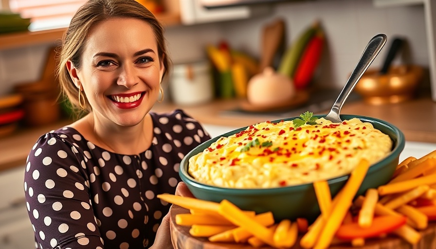 Trisha Yearwood's Charleston Cheese Dip with cheerful backdrop.