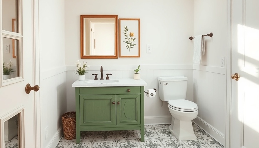 Budget bathroom remodel with green vanity and art.