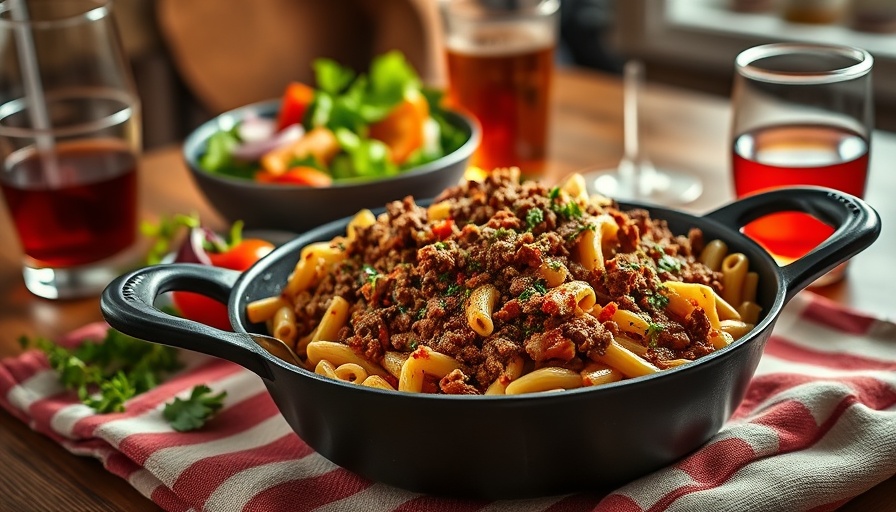 Easy ground beef skillet with macaroni, salad, and drinks.