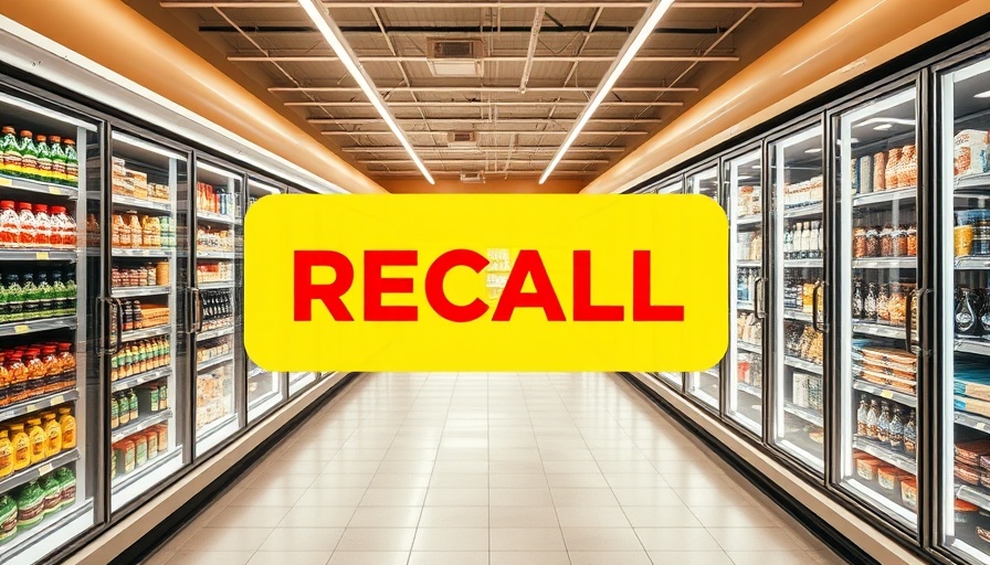 Grocery store aisle with a food recall sign indicating alert.