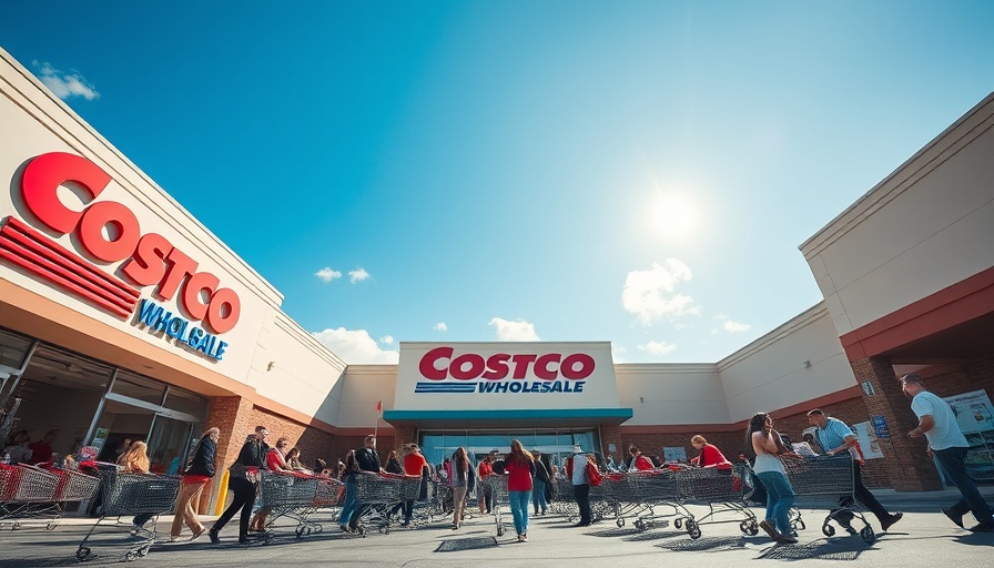 Costco Wholesale entrance on a sunny day with people exiting.