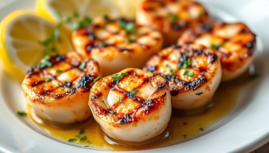 Delicious grilled scallops recipe with lemon wedges on a plate.