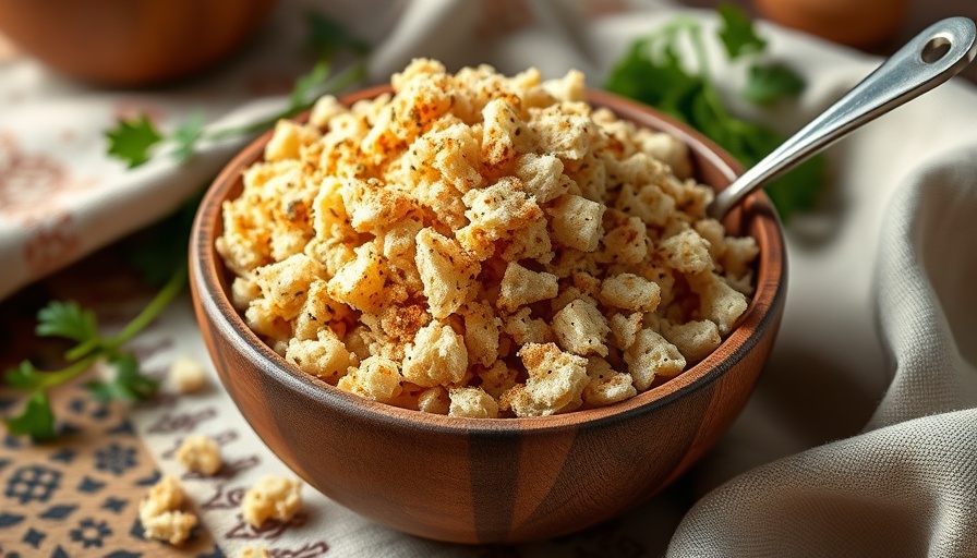 Rustic bowl of seasoned bread crumbs with spoon on kitchen counter.