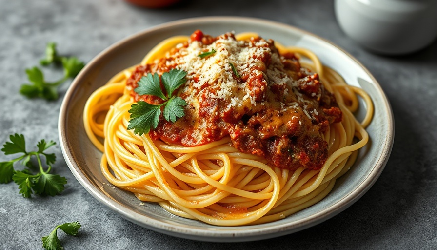 Million dollar spaghetti with cheese and meat sauce on a plate, fresh garnish.