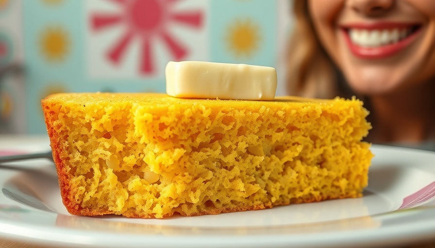 Ina Garten's Sour Cream Cornbread Recipe in pop art style with butter spread.