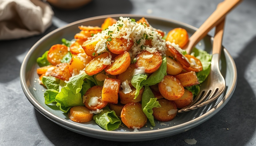 Crispy Tater Caesar Salad with cheese and dressing on a gray plate.