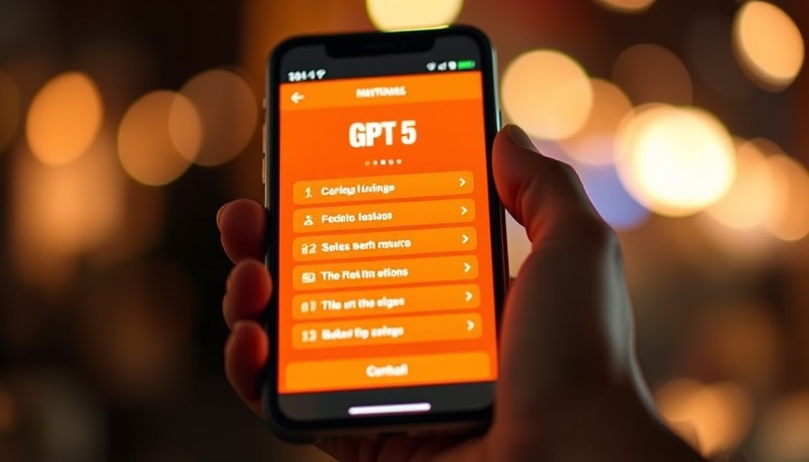 Smartphone displaying GPT-5 menu options with vibrant orange background.