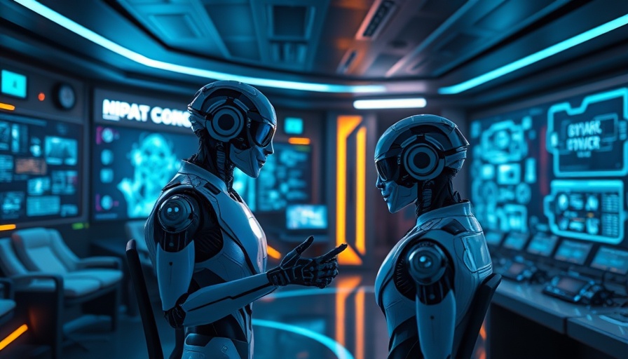 Futuristic AI agents interacting in a high-tech environment.