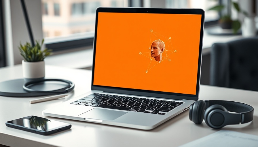 Modern workspace with a laptop showing AI concept graphic