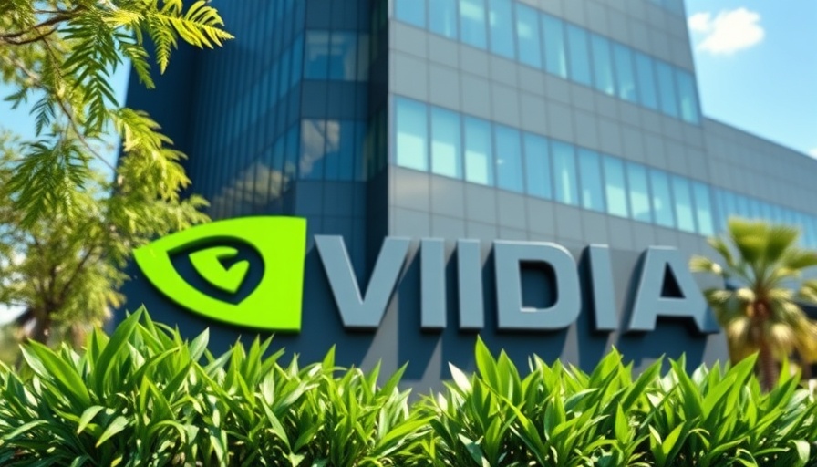 Nvidia office with large logo sign, greenery, daytime.