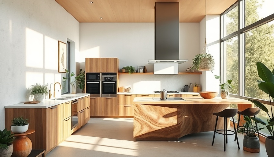 Organic architecture kitchen with natural materials and plants.