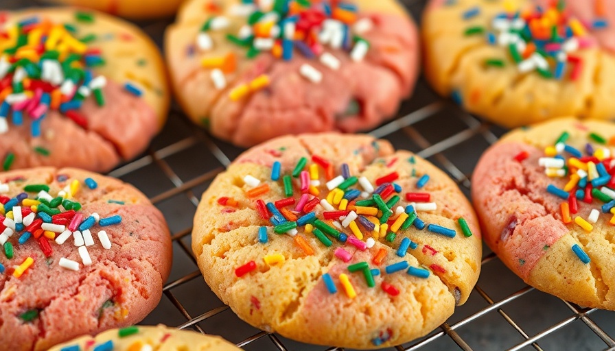 Colorful 3-ingredient cookies with sprinkles cooling on rack.