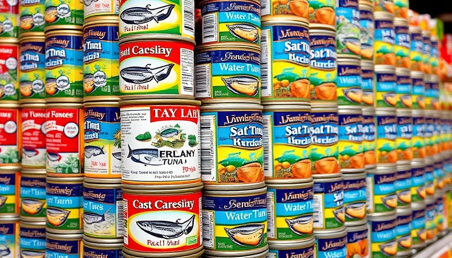 Colorful stacked tuna cans showing oil and water-packed options.