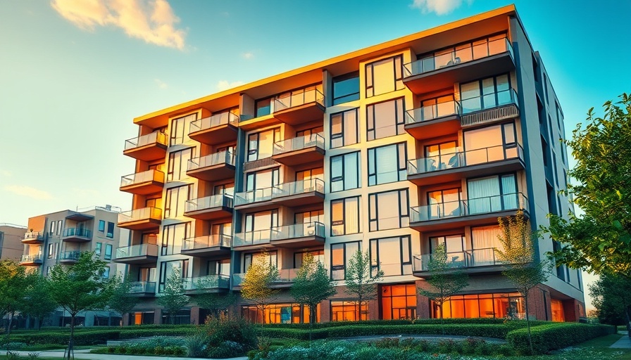 Contemporary condos for sale with sunset light and greenery.