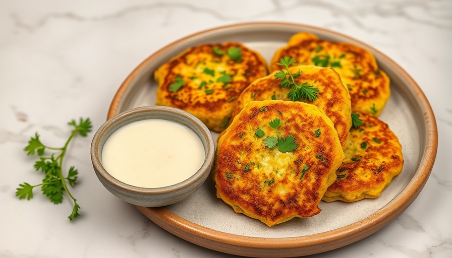 Golden zucchini fritters with dipping sauce on a ceramic plate.