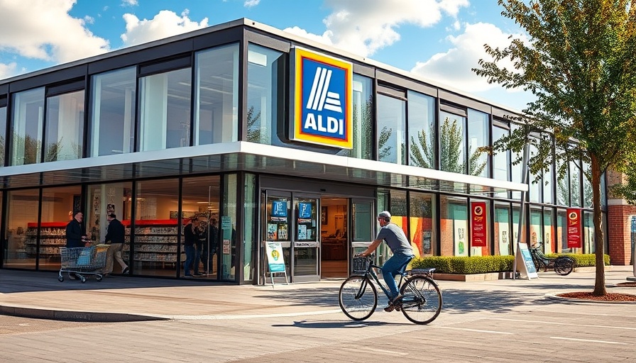 Modern Aldi store with cyclist and shopper on a sunny day.