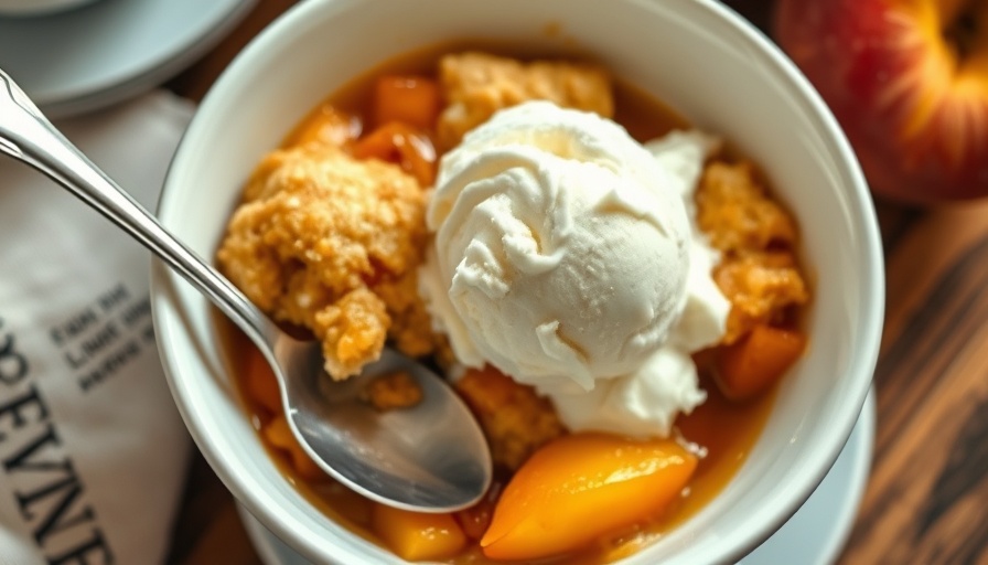 Delicious peach cobbler with ice cream in a bowl.