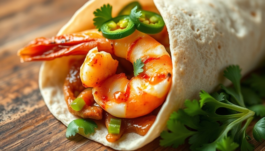 Delicious one-pan shrimp fajitas in tortilla, close-up view.
