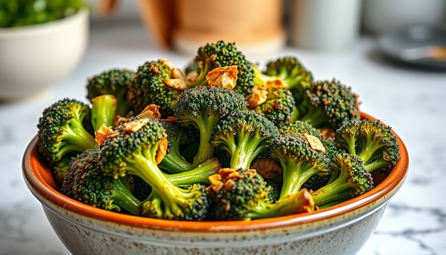 Easy broccoli recipe: rustic roasted broccoli in ceramic bowl.