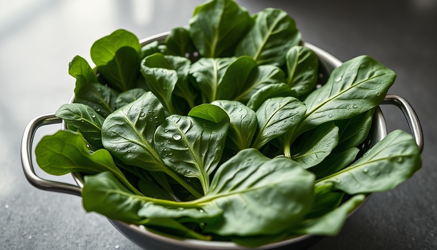 Freshly washed bagged spinach in a colander on gray counter.