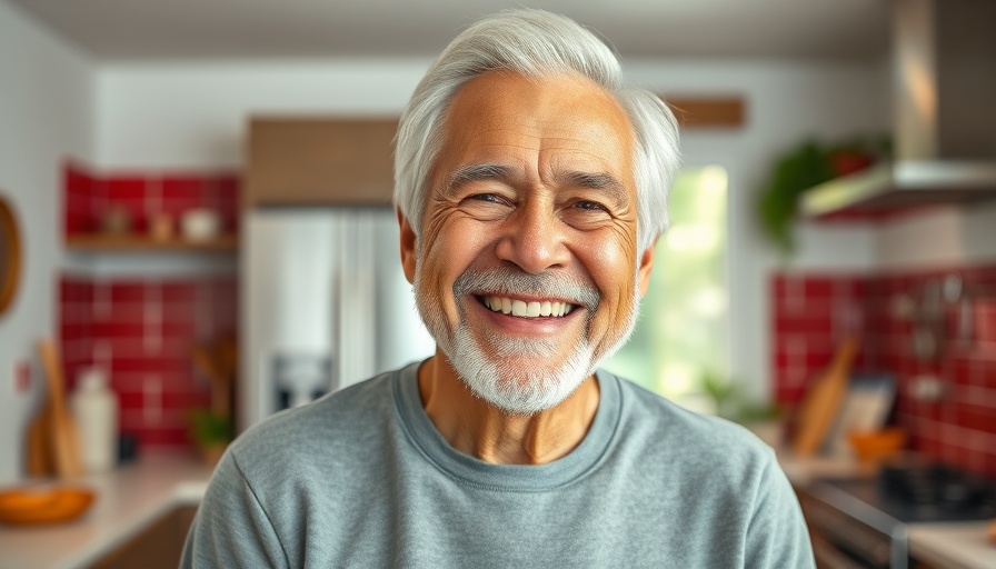 Cheerful man smiling warmly in a modern kitchen setting.