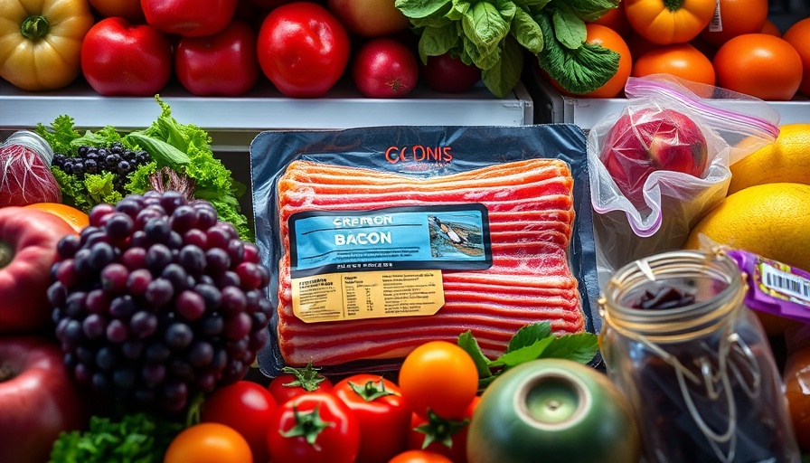 Bacon storage in fridge with colorful produce.