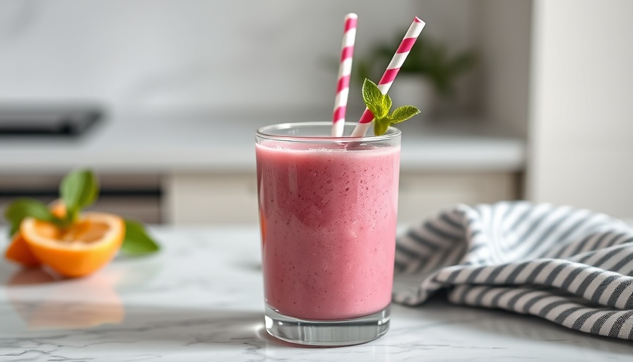 Refreshing pink smoothie in a glass with striped straw on marble.