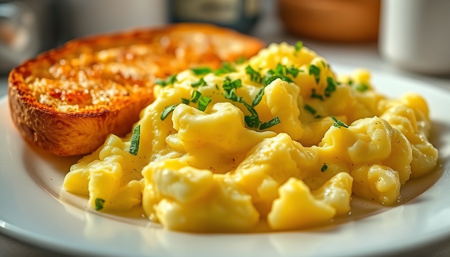 Fluffy scrambled eggs with toast garnished with herbs.