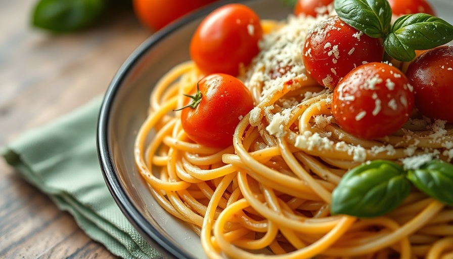 Best dry pasta dish with tomatoes and basil served close-up.