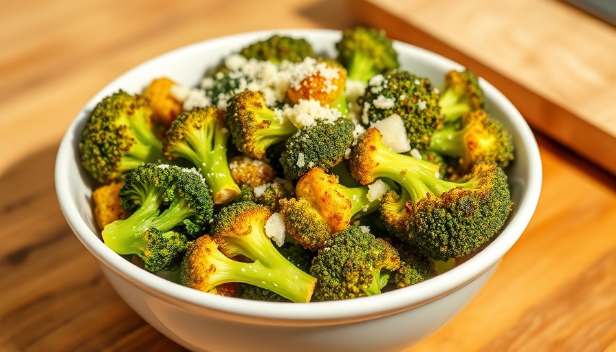 Roasted Parmesan Broccoli Recipe in ceramic bowl, vibrant kitchen scene.