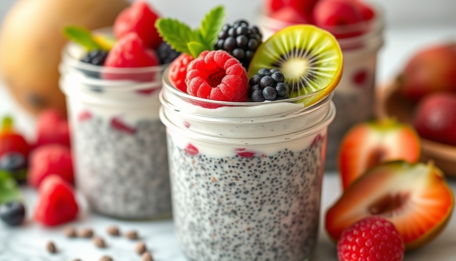 Chia seed pudding recipe with berries and kiwi.