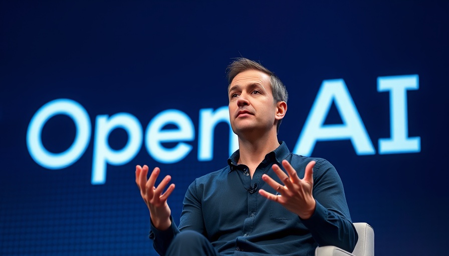 AI expert discussing topics on stage, dark logo backdrop.