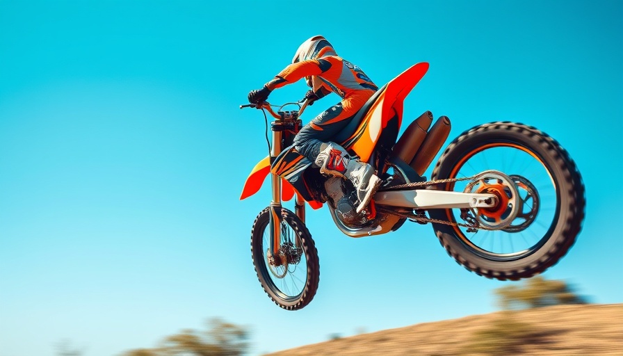 Motocross rider performing trick on orange dirt bike in blue sky, Claude AI.