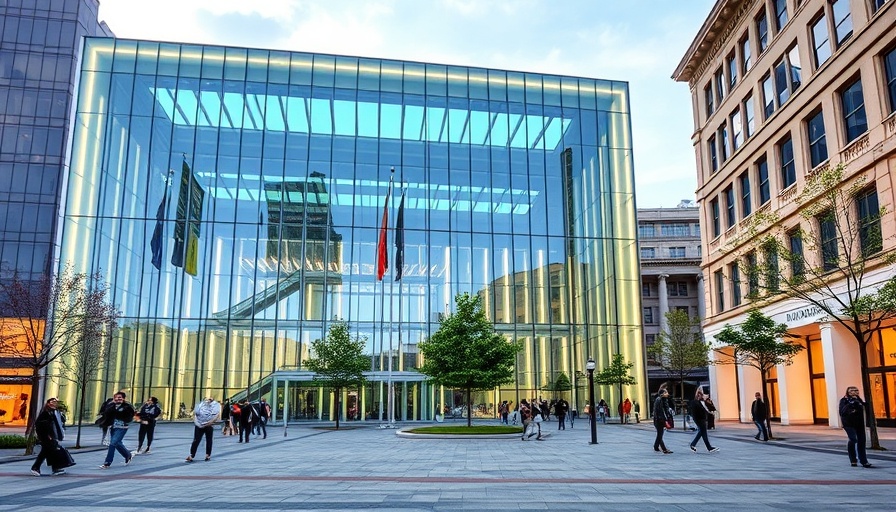 Perplexity AI modern glass building with people around.