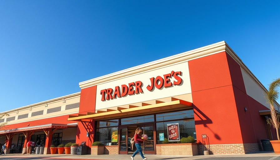 Trader Joe’s storefront with a woman carrying flowers outdoors.