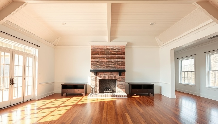 DIY shiplap ceiling in a minimalist living room with a fireplace.