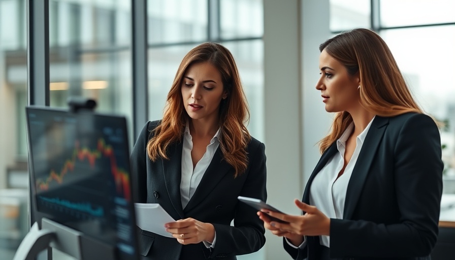 Businesswomen reviewing financial charts in modern office, AI agents for financial planning.