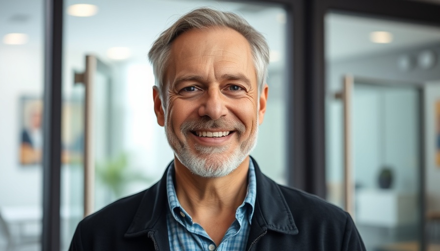 Middle-aged man smiling near glass doors, home improvements