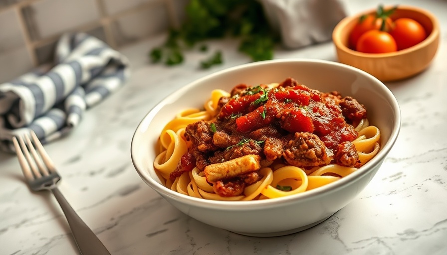Homemade beefaroni recipe in a bowl on a countertop.