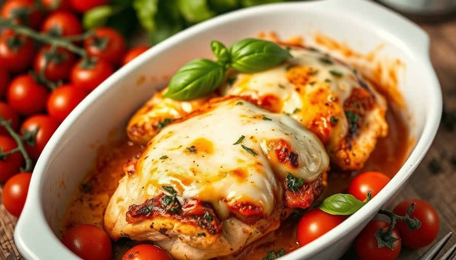 Bruschetta Chicken Recipe with melted cheese and tomatoes in a baking dish.